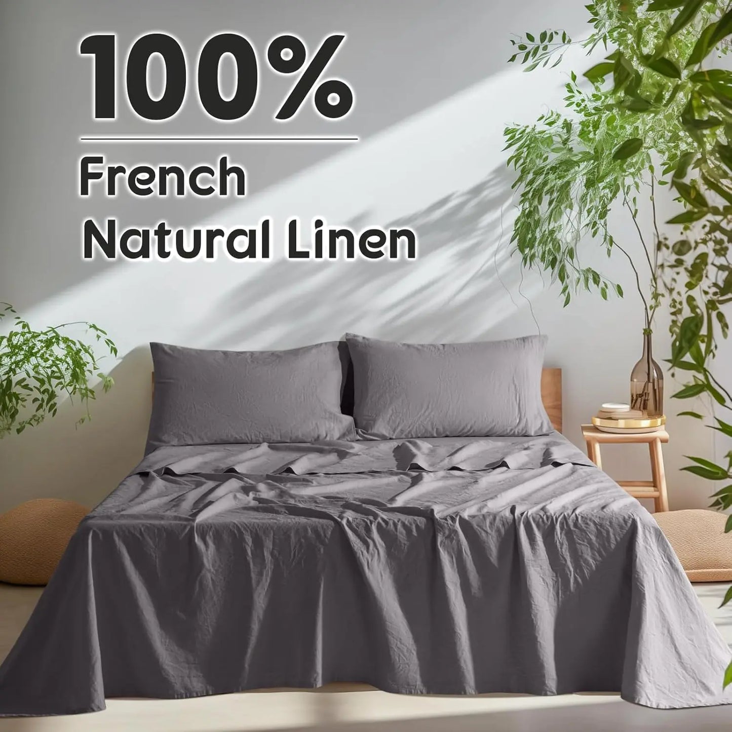 Natural Linen 4-Piece Sheet Set – 1 Fitted Sheet, 1 Flat Sheet & 2 Pillowcases – Cooling, Breathable & Machine Washable – 16 Inch Deep Pocket
