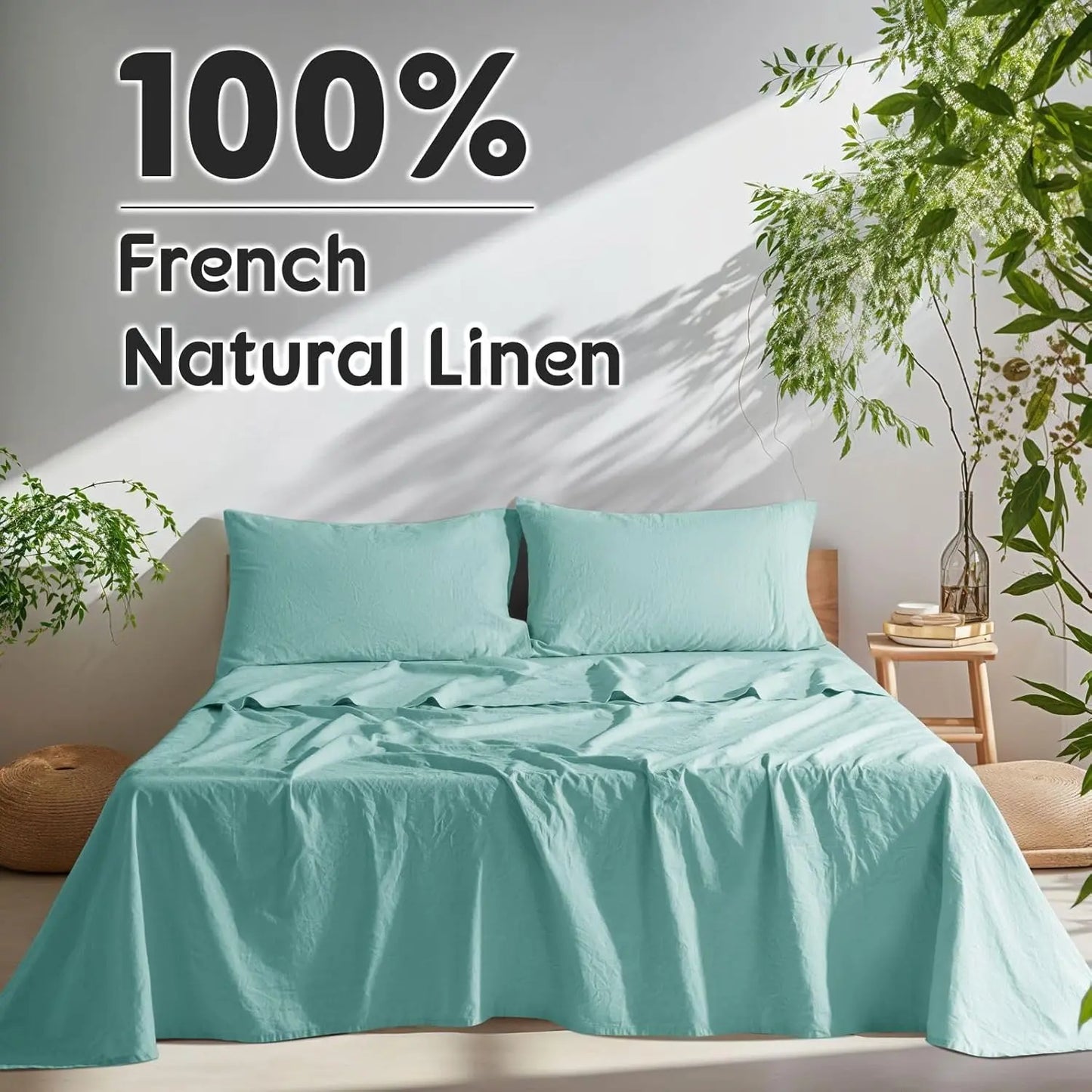 Natural Linen 4-Piece Sheet Set – 1 Fitted Sheet, 1 Flat Sheet & 2 Pillowcases – Cooling, Breathable & Machine Washable – 16 Inch Deep Pocket