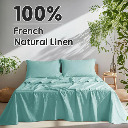 Natural Linen 4-Piece Sheet Set – 1 Fitted Sheet, 1 Flat Sheet & 2 Pillowcases – Cooling, Breathable & Machine Washable – 16 Inch Deep Pocket
