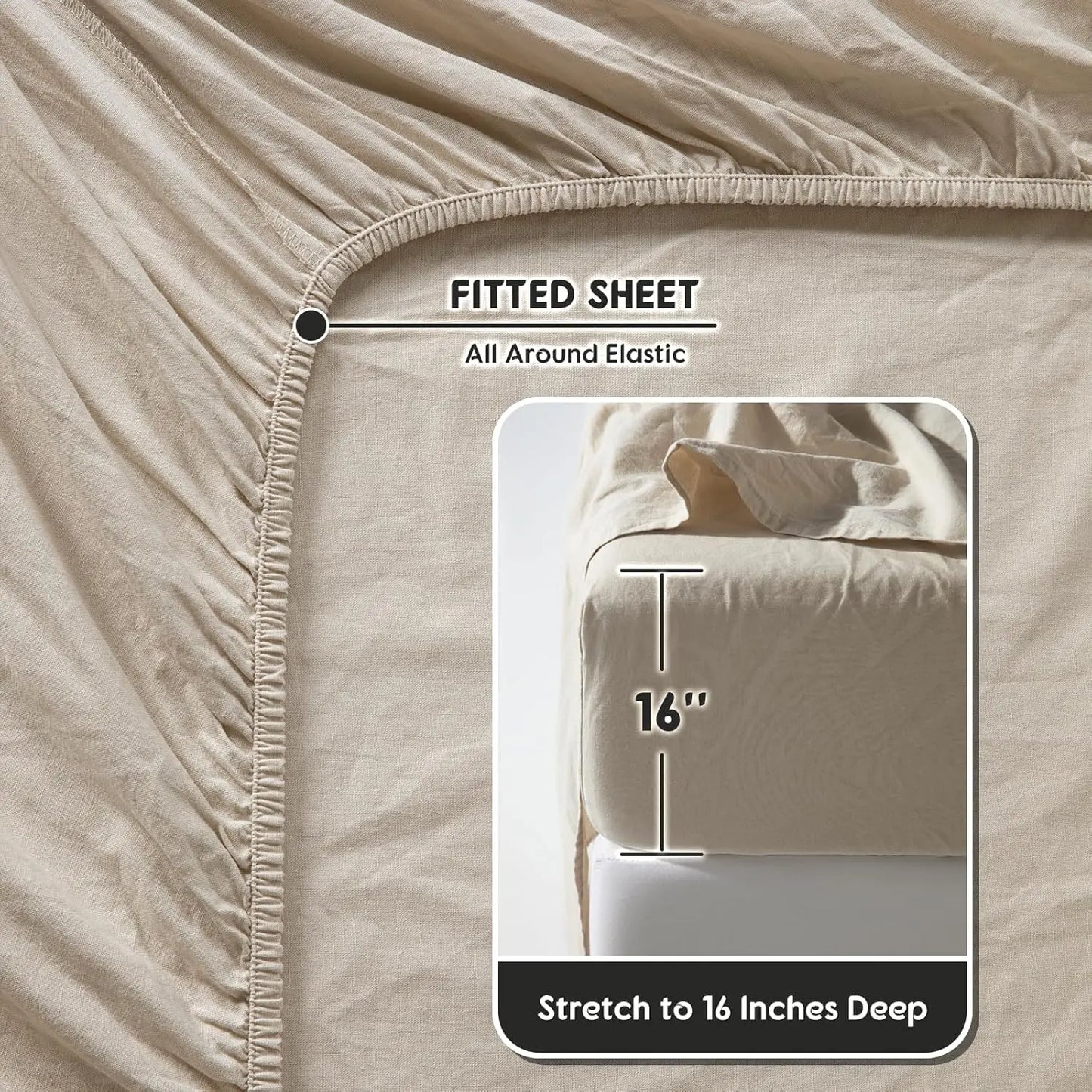 Natural Linen 4-Piece Sheet Set – 1 Fitted Sheet, 1 Flat Sheet & 2 Pillowcases – Cooling, Breathable & Machine Washable – 16 Inch Deep Pocket