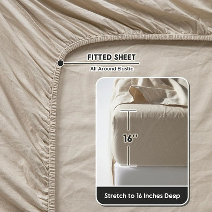 Natural Linen 4-Piece Sheet Set – 1 Fitted Sheet, 1 Flat Sheet & 2 Pillowcases – Cooling, Breathable & Machine Washable – 16 Inch Deep Pocket