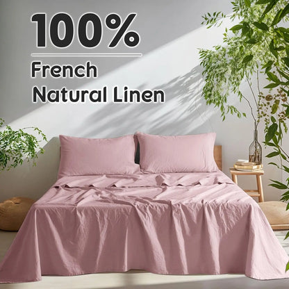 Natural Linen 4-Piece Sheet Set – 1 Fitted Sheet, 1 Flat Sheet & 2 Pillowcases – Cooling, Breathable & Machine Washable – 16 Inch Deep Pocket