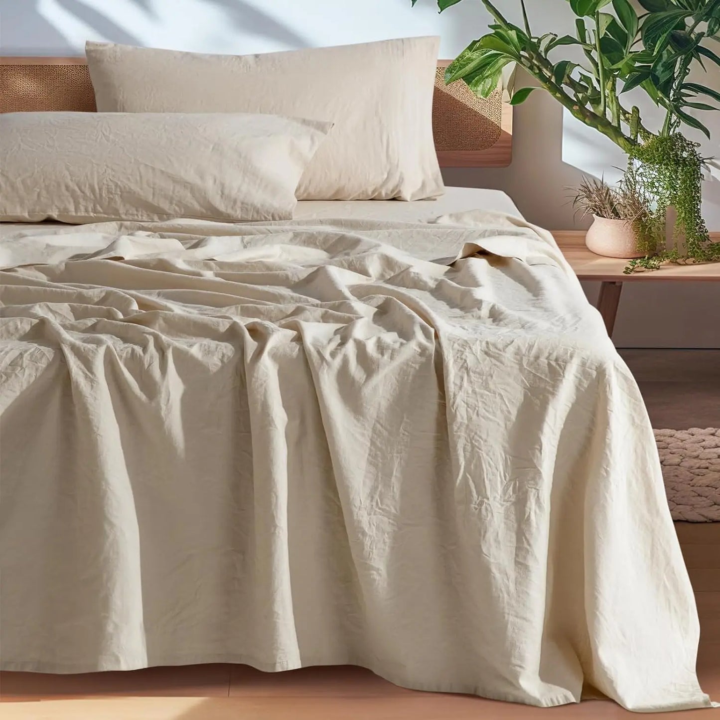 Natural Linen 4-Piece Sheet Set – 1 Fitted Sheet, 1 Flat Sheet & 2 Pillowcases – Cooling, Breathable & Machine Washable – 16 Inch Deep Pocket
